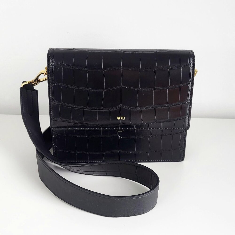 JW Pei Croc Vegan Leather Flap Bag Black Structured